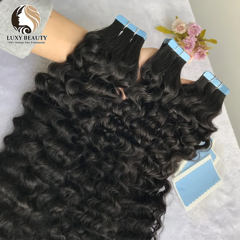 Water Wave Tape In Hair Extensions Brazilian Remy Human Hair for Black Women Natural Black Tape Ins Hair Extensions 20pc/Pack