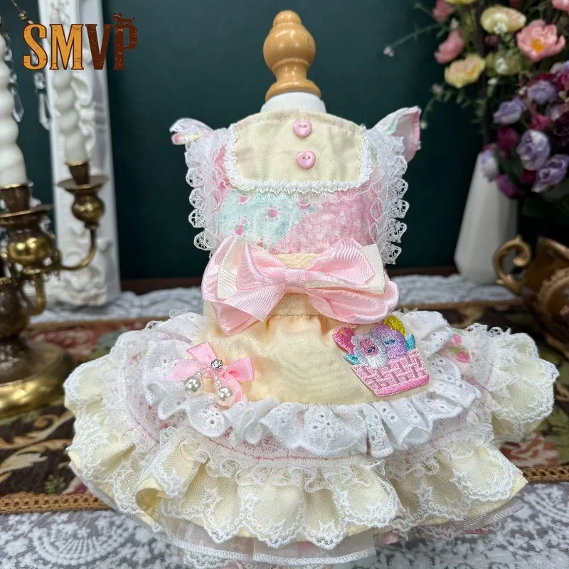 Sweet Pet Lolita Dress Square Neck with Pearl Buttons Delicate Lace Edging Big Pink Bow Decoration Lace Ruffle Hem Clothes