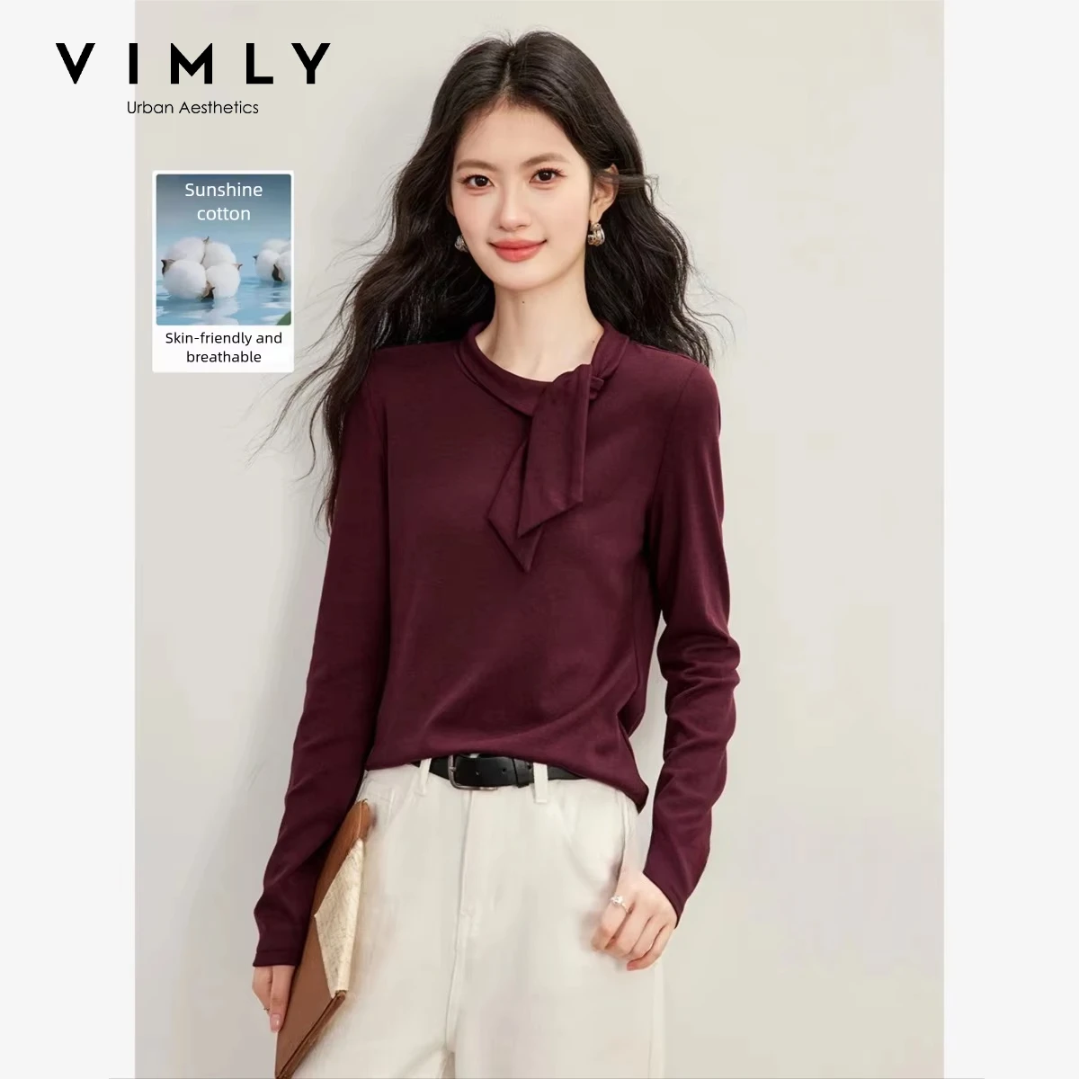 VIMLY Red T-shirt for Women 26 Autumn Elegant Tie Neck Long Sleeve Knit Pullover Fashion Casual Slim-fit Female Top A7566