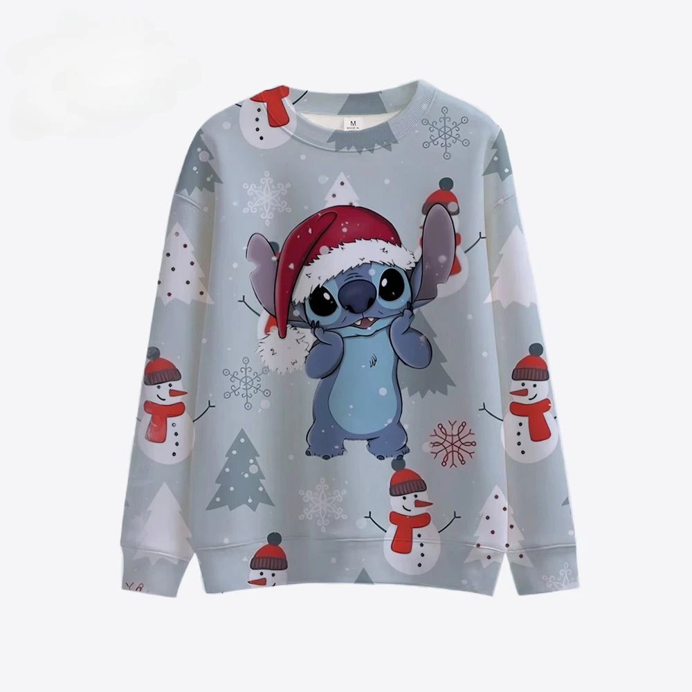 Christmas Women's Disney Stitch Fashion Girls' Long Sleeve Round Neck Sweatshirt Cute Pattern Christmas Shirt Hoodie Women