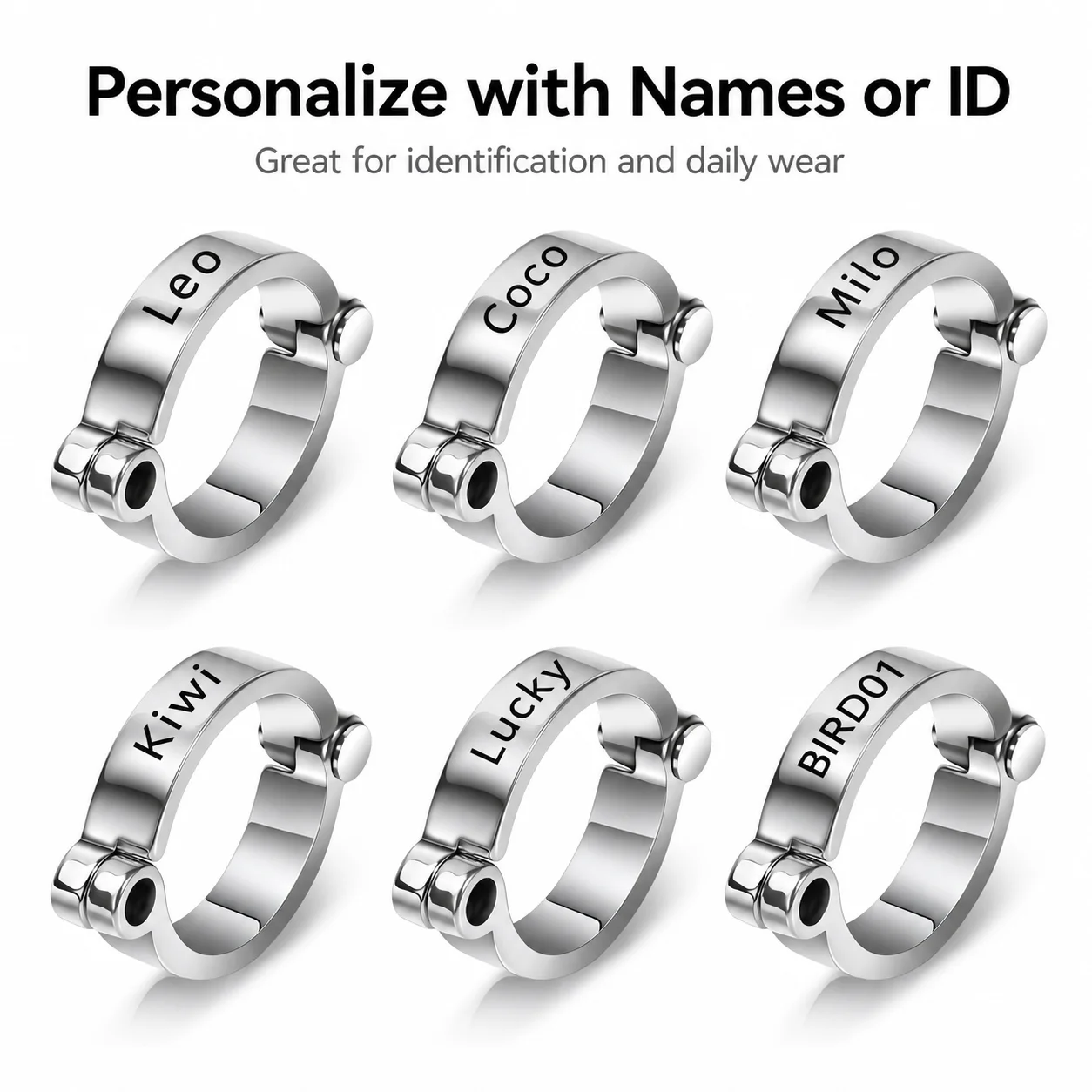 2 Stück personalisierte Vogelfußringe, lasergravierte Namensringe, personalisierte Fußringe für Wellensittiche, Nymphensittiche und Aras, offenes, verstellbares Design, Zubehör für Vogelfußringe, besonderes Geschenk für Ihren geliebten Vogel. – Detail 2