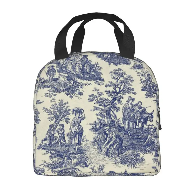 Toile De Jouy Blue Thermal Insulated Lunch Bags Women French Navy Blue Motif Resuable Lunch Tote for School Storage Food Box