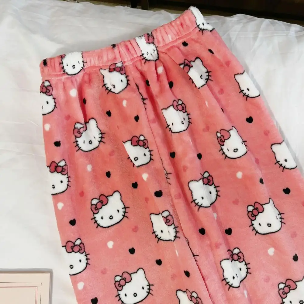 Halloween Cartoon Hello Kitty Women\'s Plush Pajamas Pants Anime Sanrio Halloween Cosplay Pants Plush Insulation Casual Home Wear