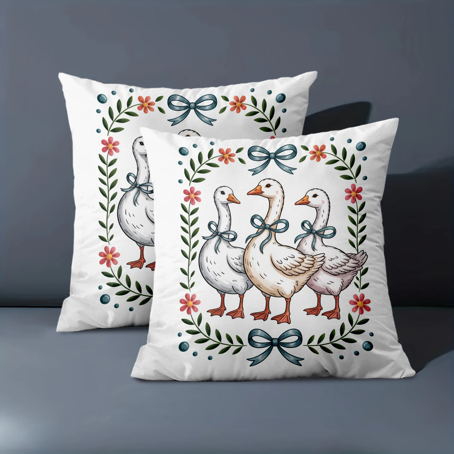 1 Pieces Farmhouse Goose Floral Bow Throw Pillow Cover Pattern Cushion Cover Suitable for Sofa Bedroom Car Pillow Cover