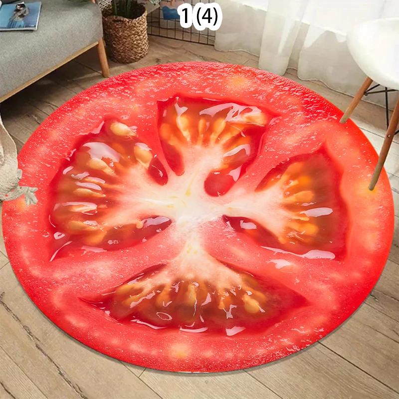 Tomato Slice Round Area Rug 2D Realistic Fruit Print Soft Circle Carpet Bedroom Living Room Kitchen Funny Creative Decor Mat