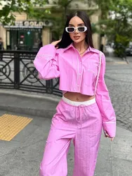 HH Women Fashion Pink Stripe Short Blouse Slim Long Sleeve Single Breasted Shirt Sweet Girl Top Y2K Summer Female Streetwear