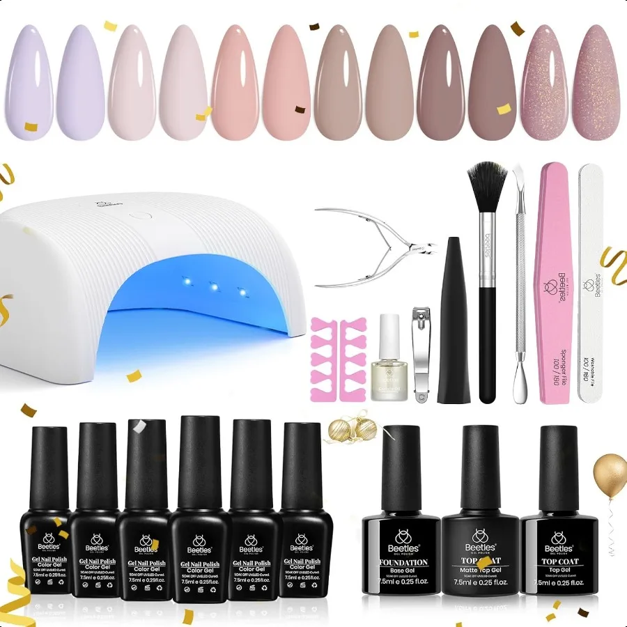 

Beetles Gel Nail Polish Kit with Uv Light Base Gel Top Coat 6 Colors Nude Neutral Nail Polish Starter Kit Soak off Led Set DIY