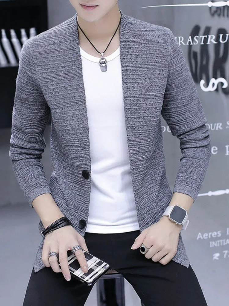 봄 가을 남성 니트 재킷 슬림핏 캐주얼 얇은 외투 브이넥 긴팔 패셔너블 탑 젊은 남성용