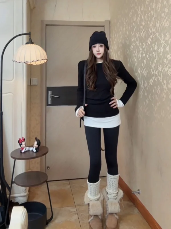 

plus Size Fleece Lined Slim Fit Base Shirt Women's Inner Wear Korean Style Winter New Arrival Pear Shape Body Design Sense Top