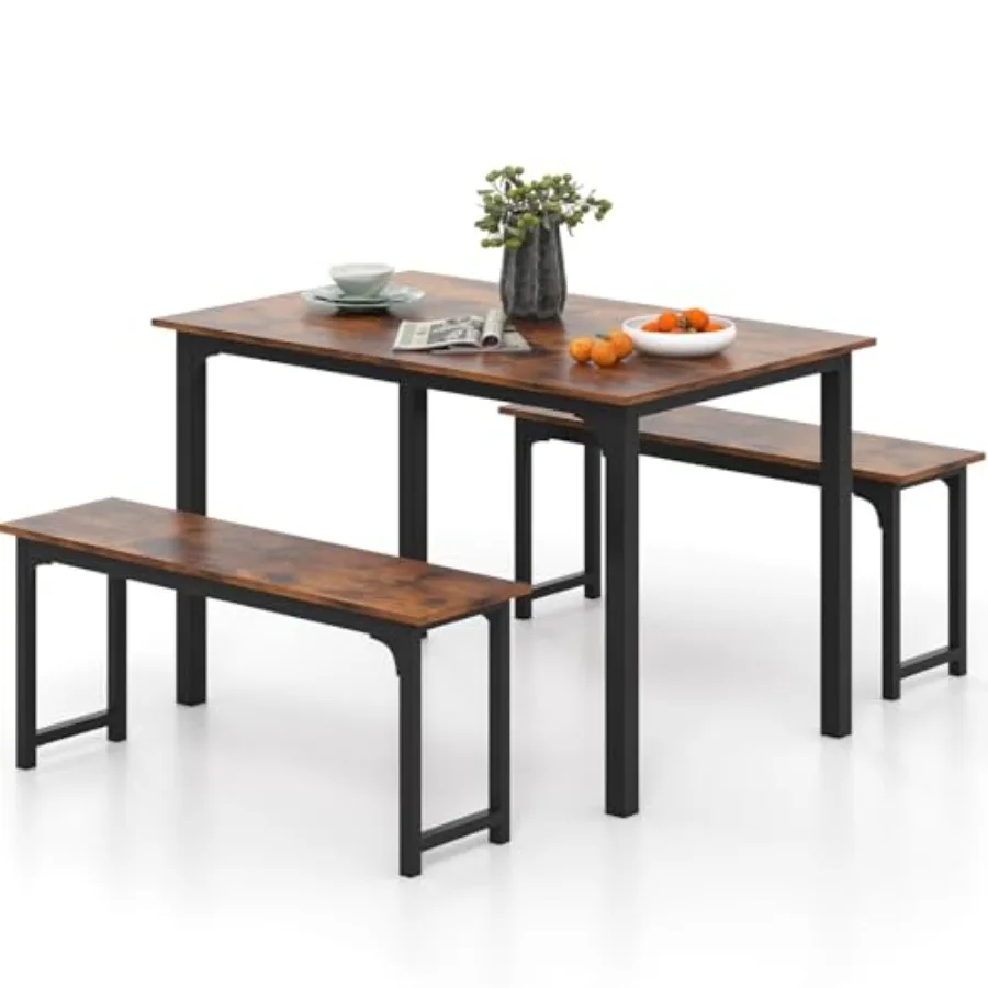 

3-Piece Dining Table Set with Bench Rectangular Kitchen Table Metal Frame Rustic Brown Space-Saving Modern 4-Person Dinette for
