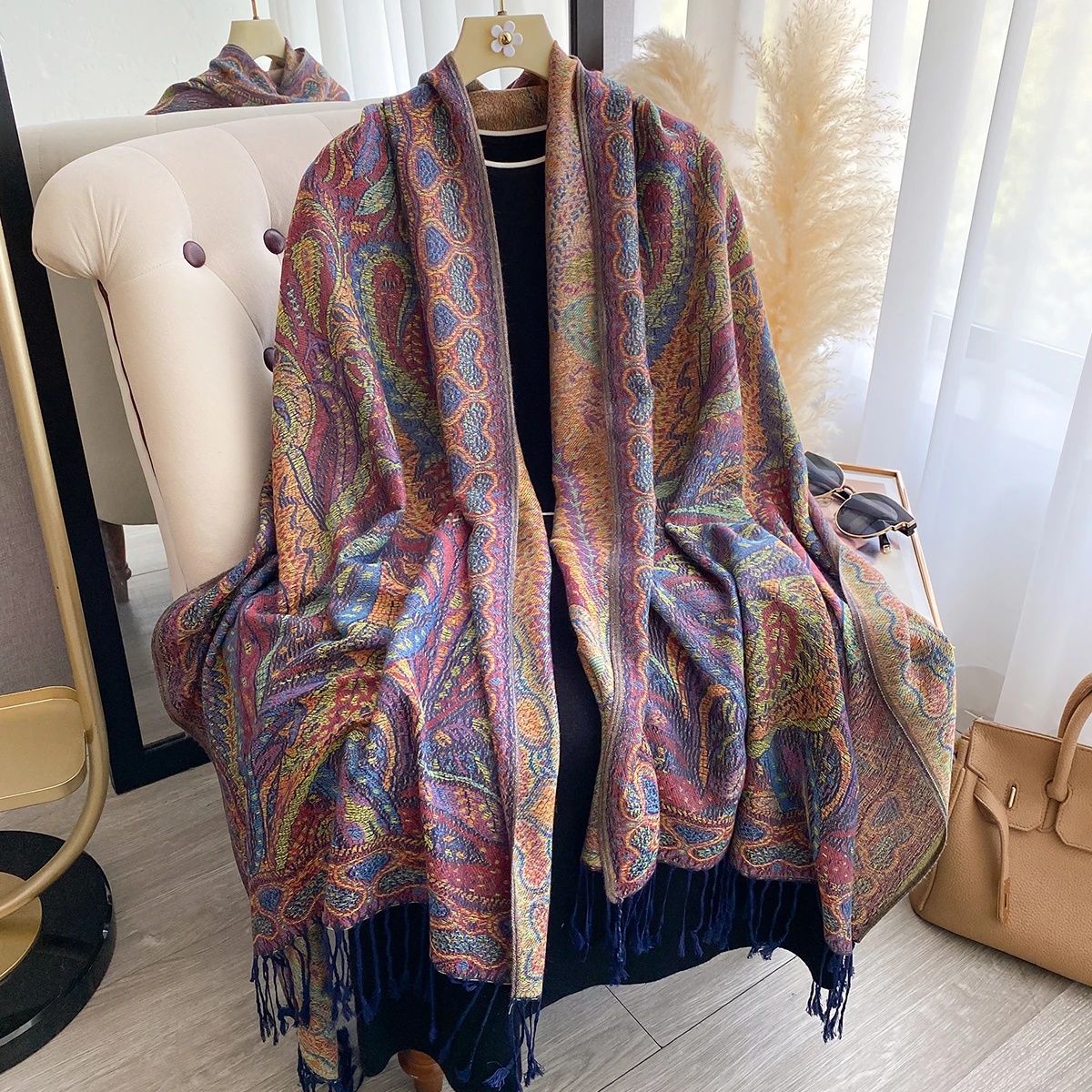 

Luxury Women's Winter Cashmere Scarf - Embroidered Warm Shawl, Pareo Cape, Elegant Poncho & Chunky Headscarf