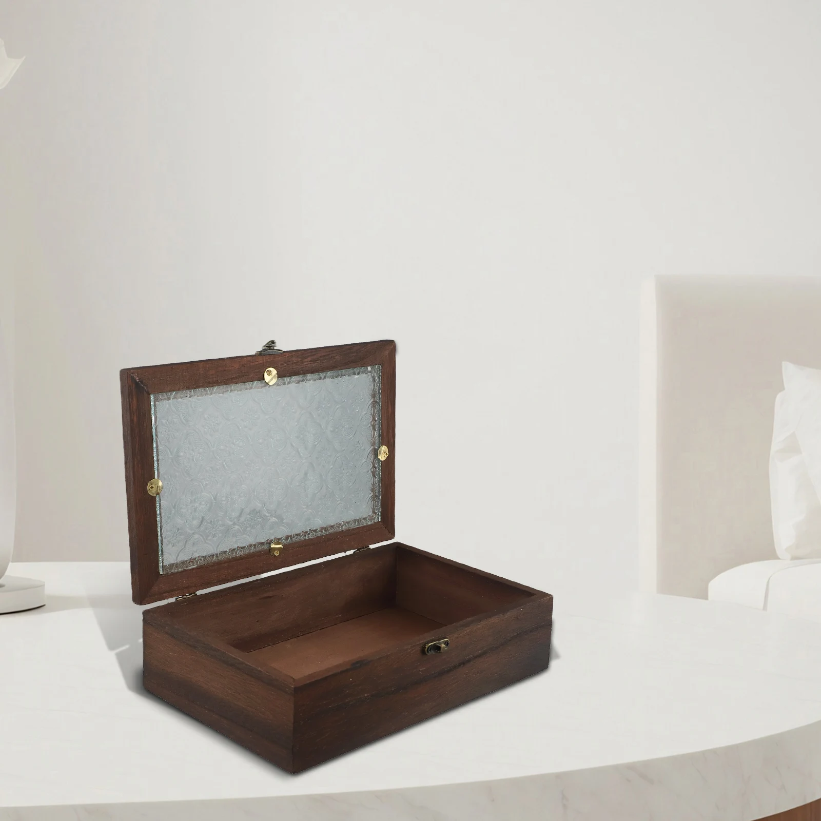 Begonia Flower Glass Insert Lid Wooden Storage Box for Organizing Personal Items in Vintage Nordic Interior Style