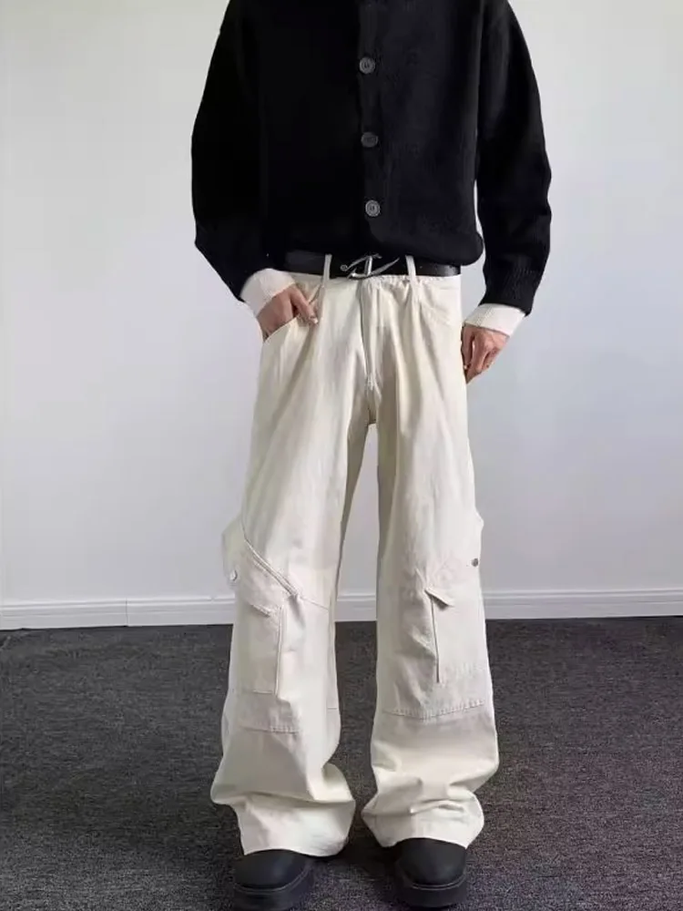 

American Retro Khaki Work Trousers Men's Autumn Cleanfit Loose Drapey Paratrooper Long Pants Side ket Wide Leg Jeans