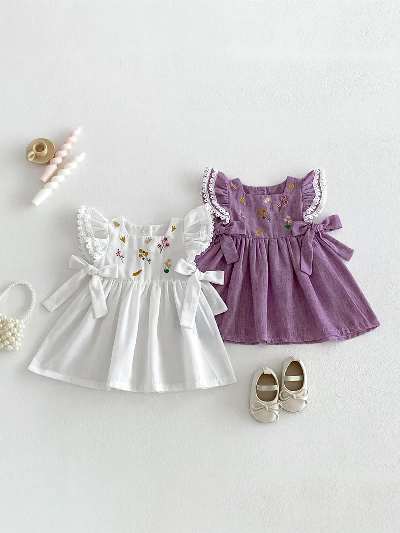 

Летнее детское платье MILANCEL для девочек от 9 месяцев до 4 лет, платье с вышитыми цветами, корейское тонкое свободное кружевное платье, детская одежда, детский наряд, 2 шт.