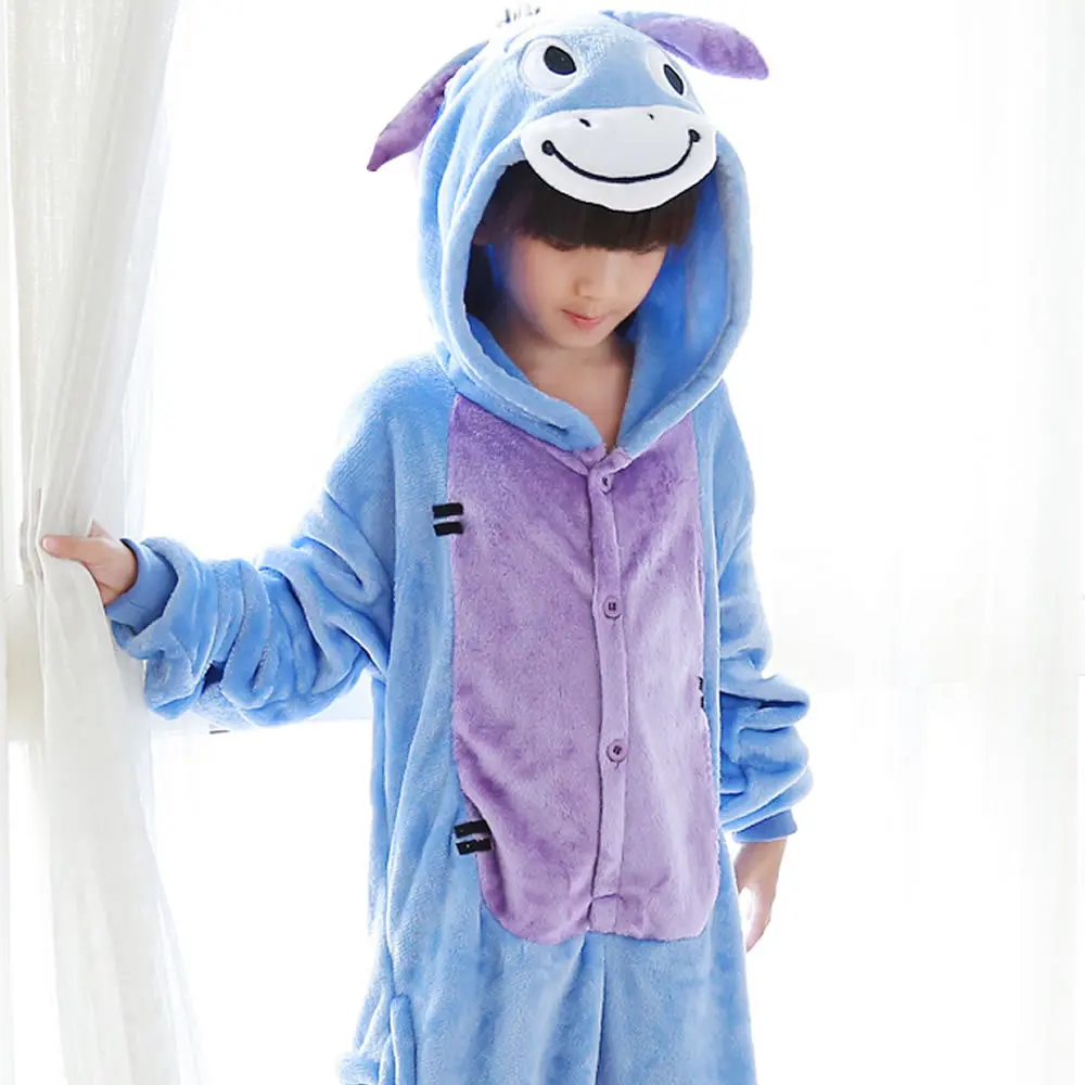 Blue Donkey One Piece Kids Winter Pajama Flannel Animal Anime Kigurumi Jumpsuit Boy Girl Sleepwear Adult Children Clothes Set