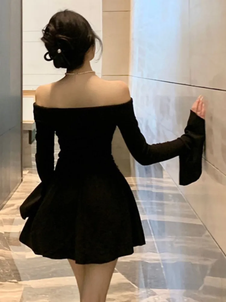 Autumn Sexy Slash Neck Black Short Dresses for Women Flare Sleeve High Waist A-line Korean Fashion Mini Vestidos Mujer New