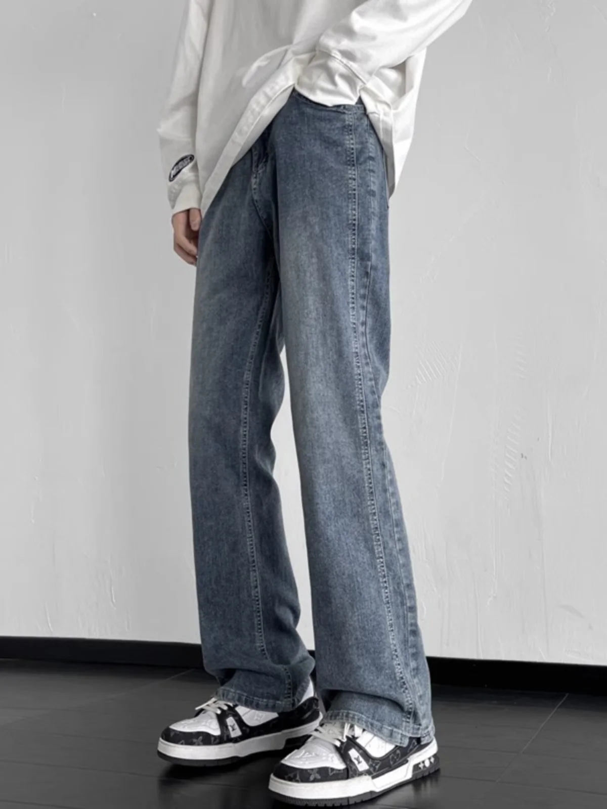 العصرية الأمريكية الرجعية متوهج الجينز الرجال الصيف فضفاض مستقيم شارع العليا ثنى واسعة الساق سراويل تقليدية ملابس الشباب القطن الدنيم