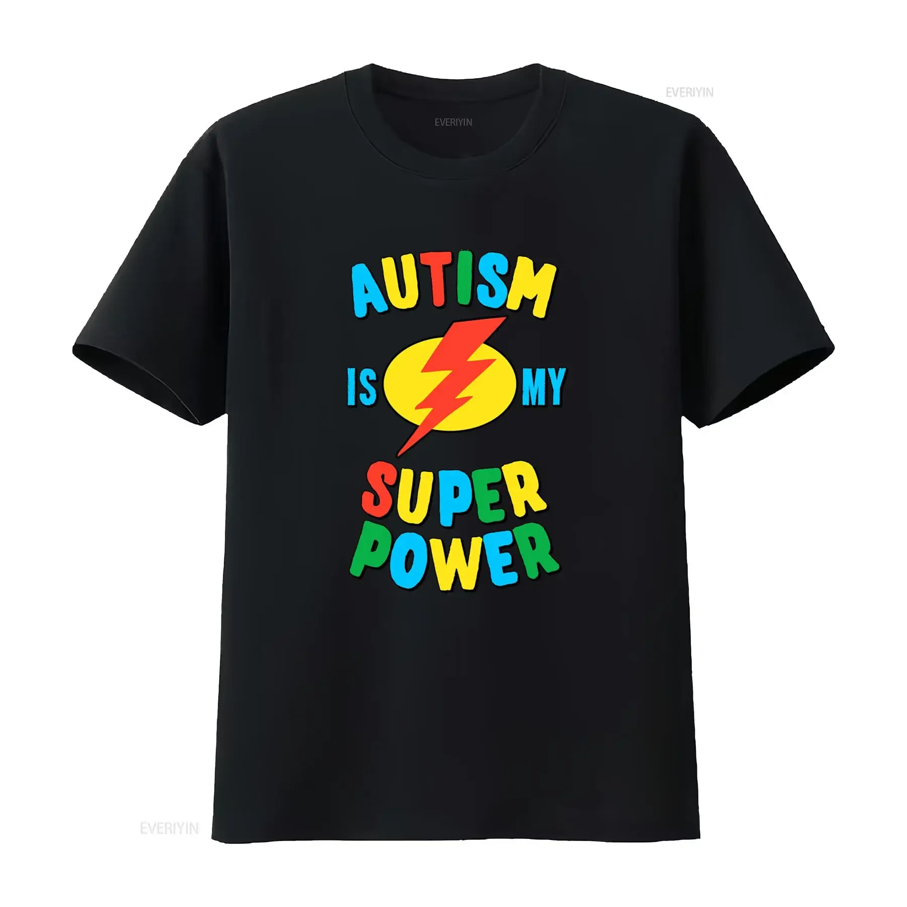 Casual Colorful Autism Awareness Super Power Lightning Print T Shirt vintage Washed Versatile Comfortable Stylish Stretched