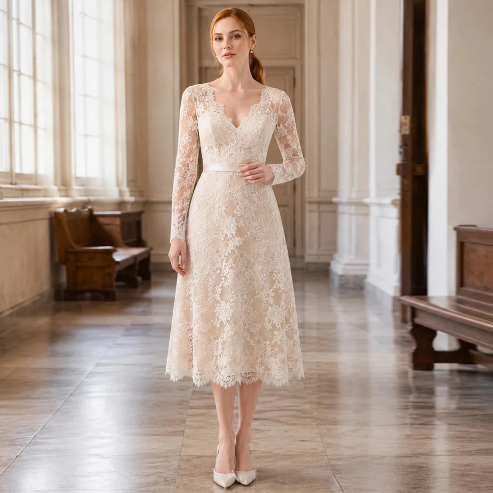 Customized Tea Length Wedding Dress Champagne Long Sleeves V Neck Lace Applique Civil Bridal Gown for Woman Bride Dresses
