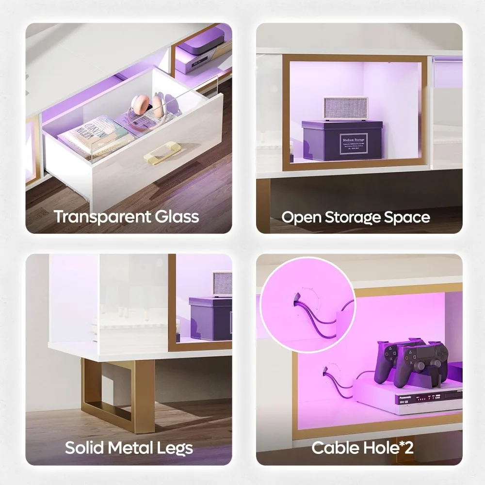 Suporte de TV de 80 polegadas para TVs de 65/75/85/90 polegadas, centro de entretenimento para jogos LED com armazenamento aberto e gaveta de design de meio vidro, modo