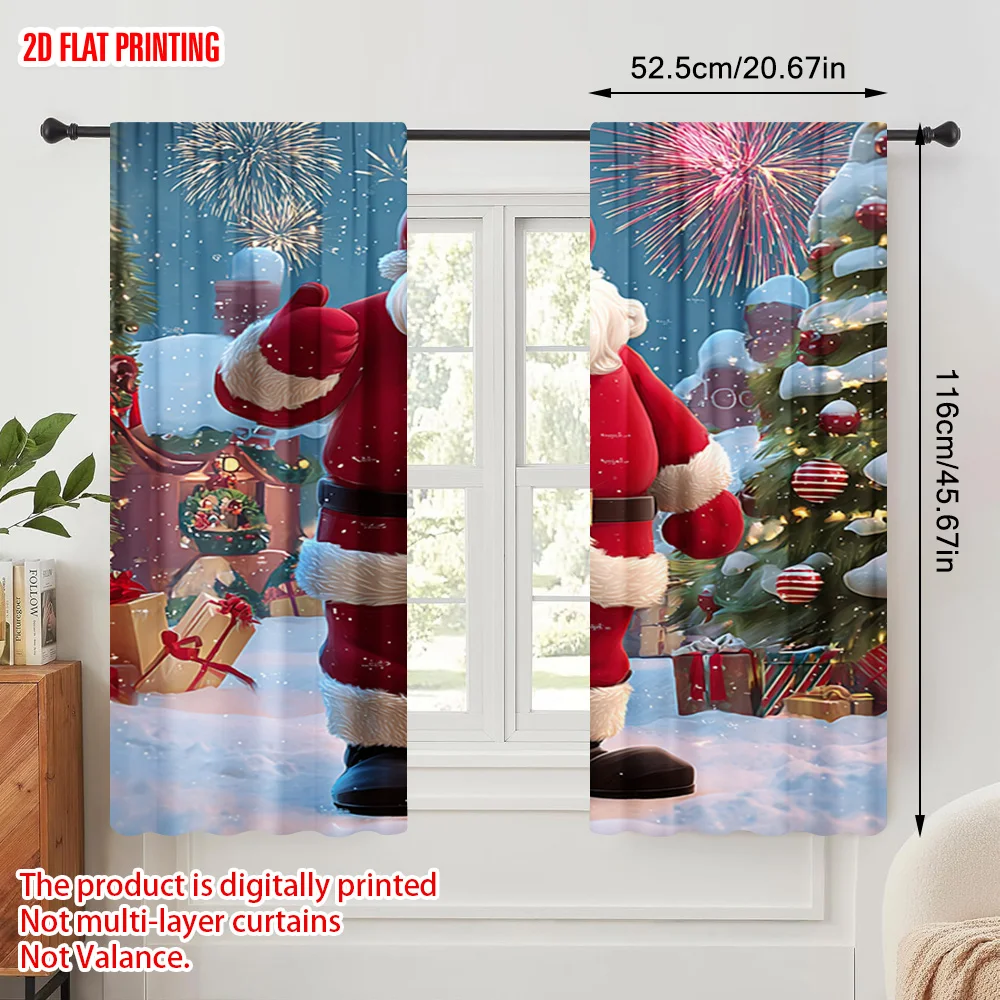 2pcs,2D plane printing Curtains Digital Printed Santa Claus & Snowy Village Polyester Fabric (without rod) Decorations Outdoor