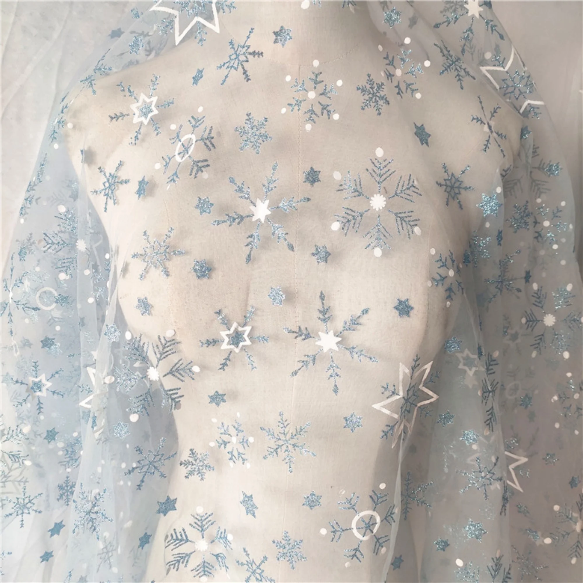 

0.5 meter for Christmas, New Year's Celebration, New Year's Day, Blue, Black Snowflake, Mesh, Wedding Dress, Lace Fabric