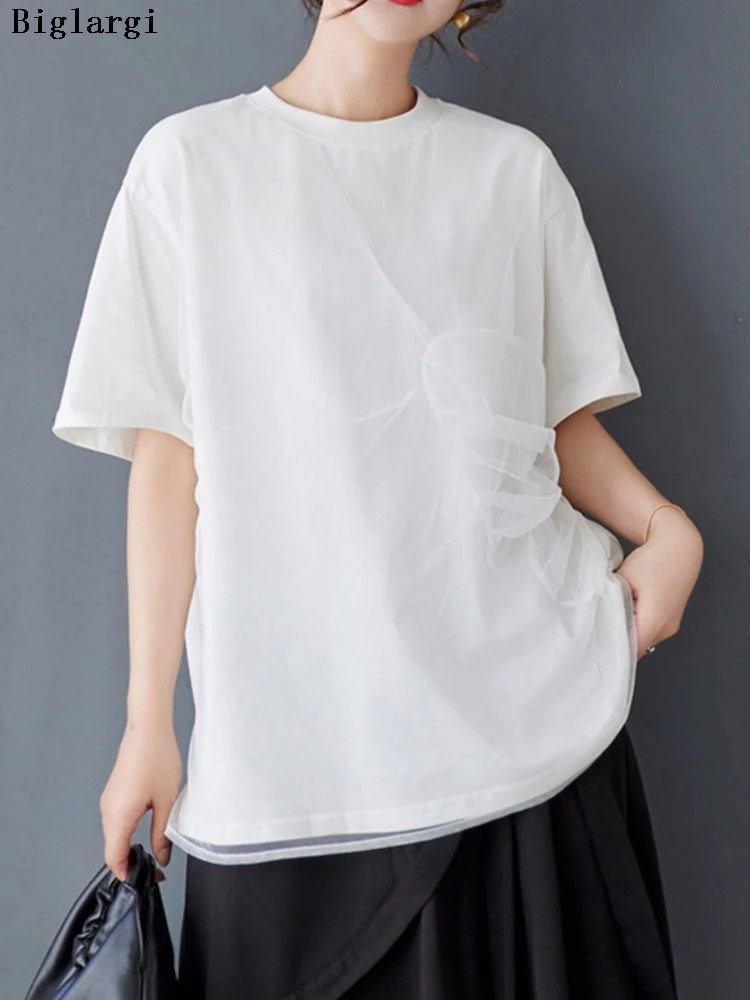 

Oversized Summer T-Shirts Women Mesh Patchwork Fashion Irregular Pleated Ladies Blouses Casual Loose Woman T-Shirts