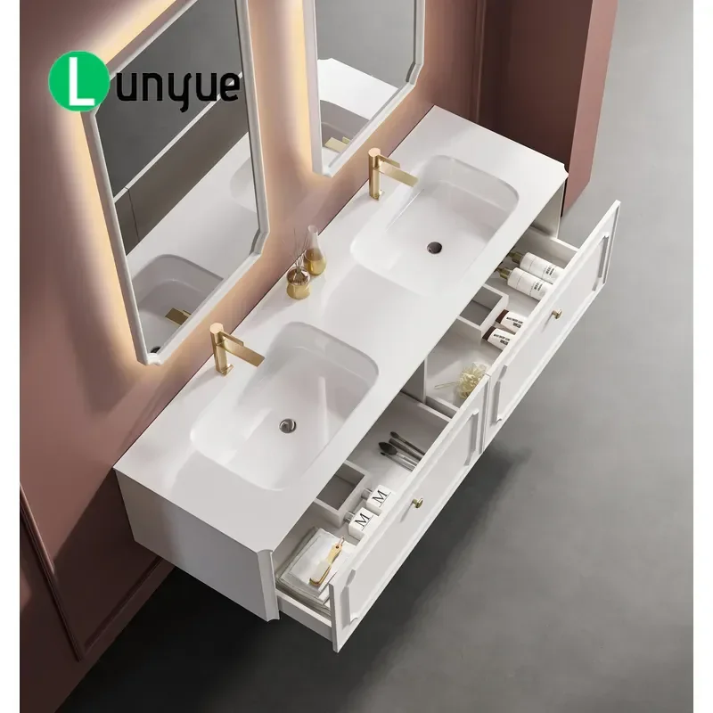 Modern Wall Mounted Bathroom Vanity with Smart Mirror Waterproof Solid Wood Rectangular Lacquered Plywood Cabinet for Hotel