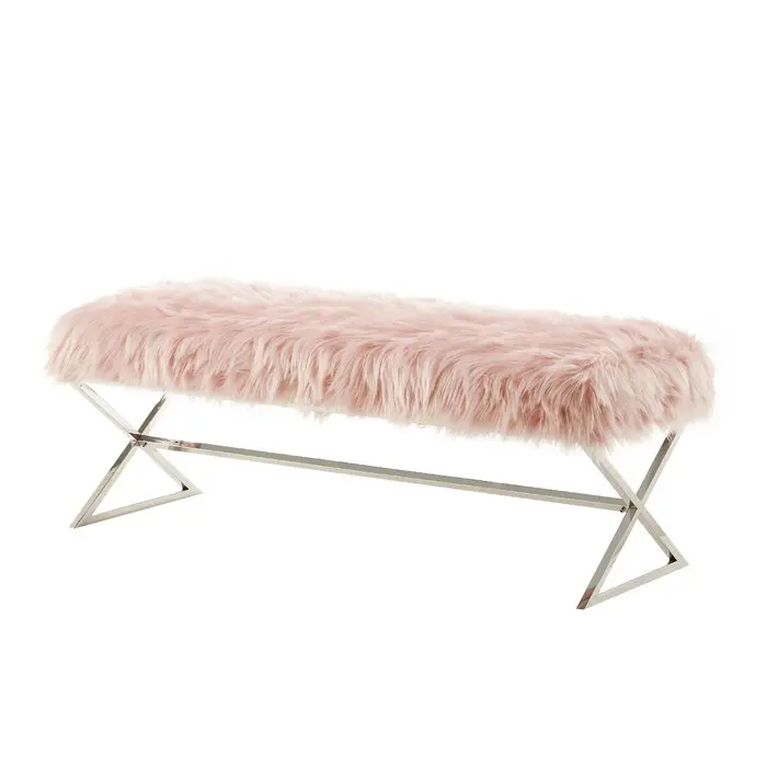 Modern Stainless Steel Frame X-Leg Faux Fur Upholstered Bench Ottoman Elegant Accent Stool for Living Room Bedroom Furniture