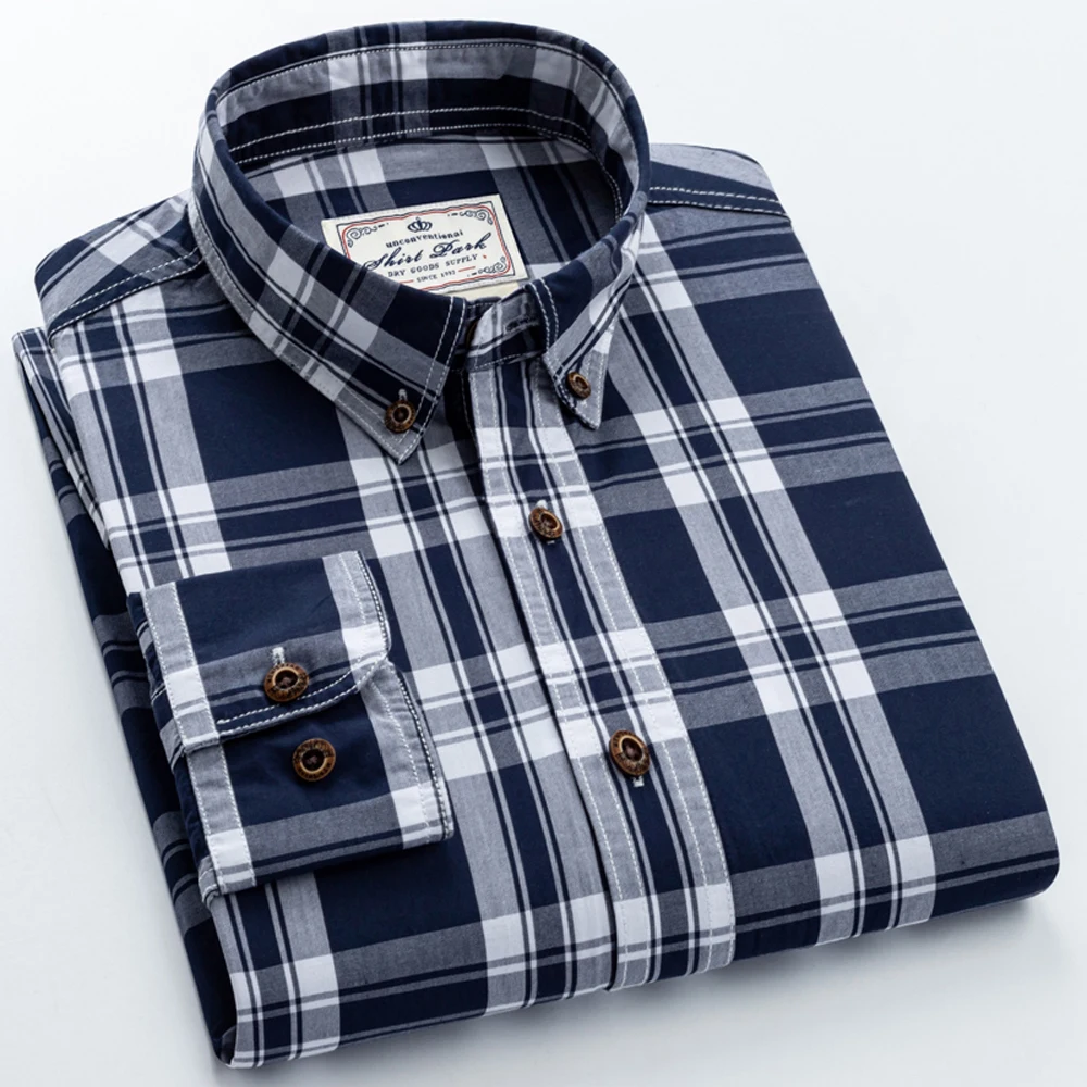 Men's Long-Sleeve Color Block Checkered Pattern Dress Shirts, 100% Cotton Regular Fit Business Casual Plaid Button-down Shirt