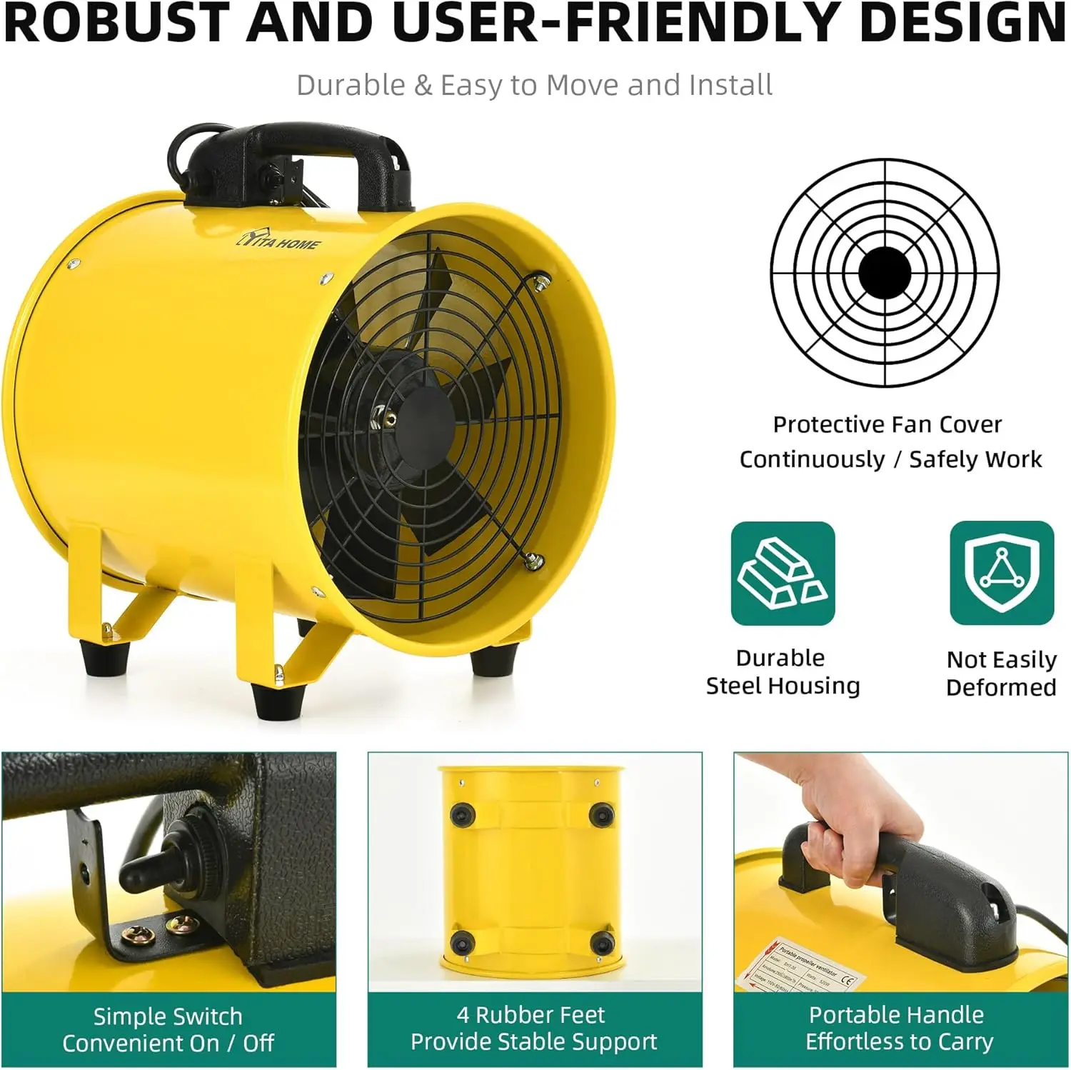 Utility Blower Fan 12 Inch, Two Speed Portable Exhaust Fan, Extractor Fan with GFCI Plug Automatic Power-off Protection, Ventila
