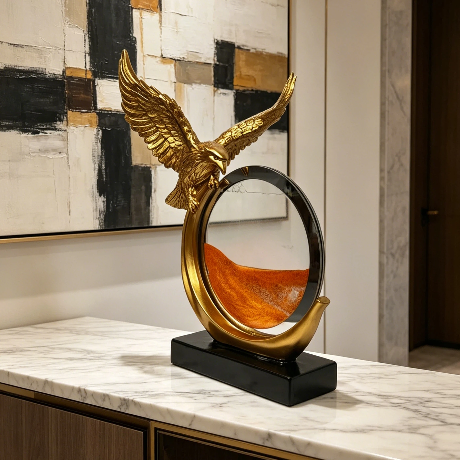 Golden Eagle Resin Statue with Desert Sands Landscape, New Product! Features a Sturdy Resin Base, a Light Luxury Desktop Decoration for the Living Room, a Partner Appreciation Gift, a Company Front Desk Decoration Piece, Symbolizing Great Success, a Strong Foundation, Business Prosperity, and Steady Progress, Suitable for Balcony Flower Racks, Living Room Side Tables, and Study Desk Displays