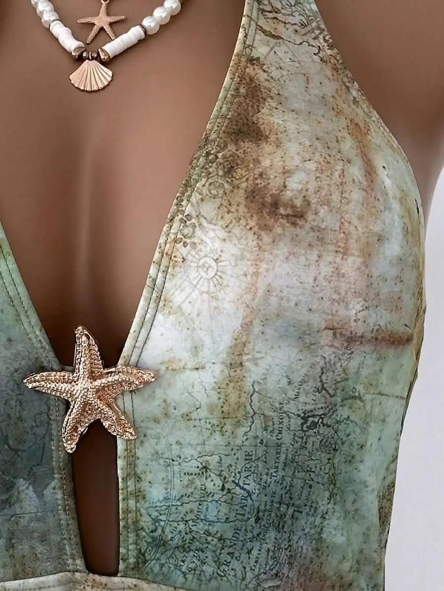 

Womens One-Piece Swimsuit With Map Print And Starfish Decor, V-Neck Halter Design For Beach
