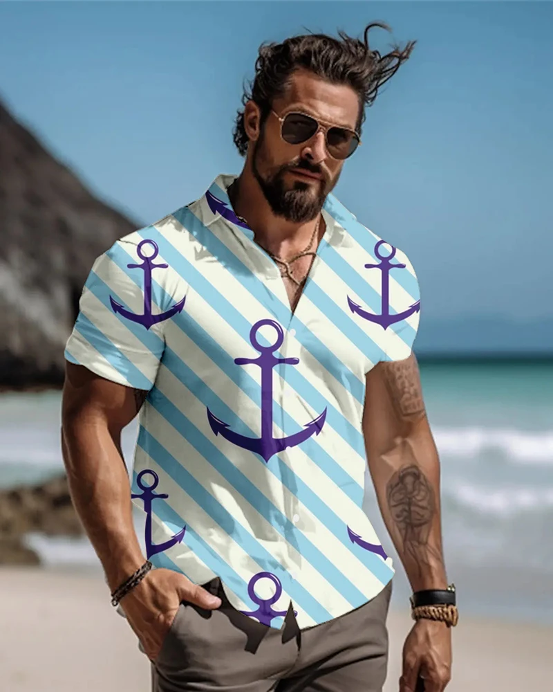 

Summer Hawaii Anchor 3D Print Shirts Men Fashion Beach Shirt Casual Vintage Streetwear Short Sleeve Shirt Blouse Man Clothing