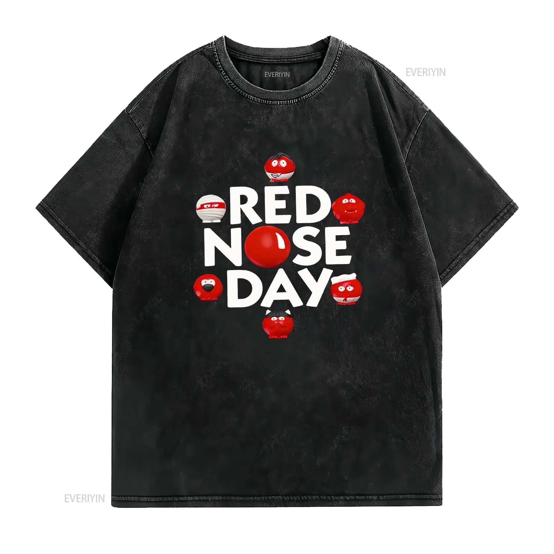 Cartoon Funny Face Red Nose Day T Shirt Comic Relief Top vintage Washed Versatile graphic Stylish homme Stretched streetwear