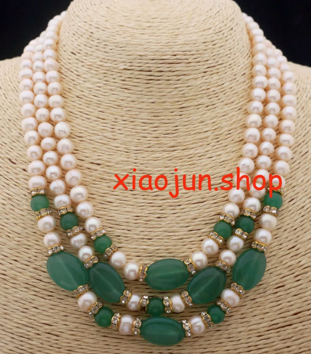 

Wholesale 100% Natural jewelry Natural 3 rows 7-8mm cultured white pearl and Emerald necklace (A0511)