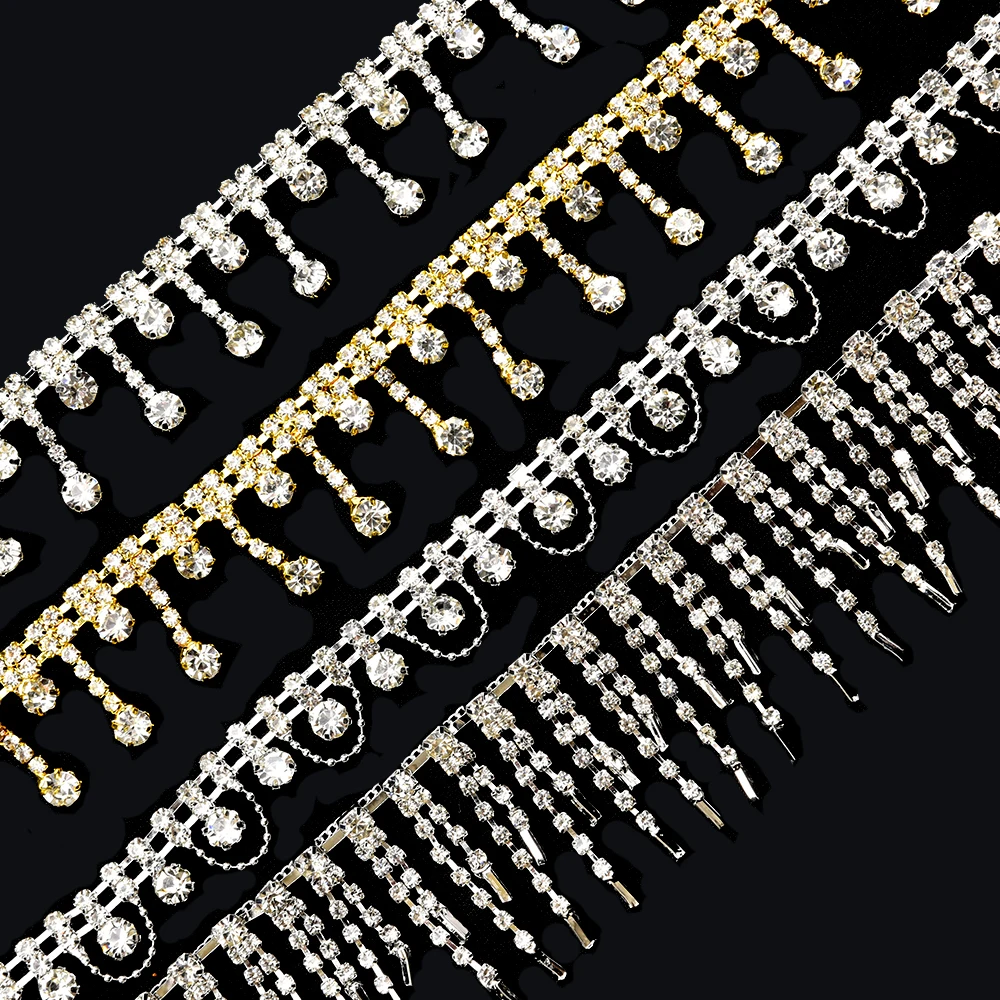 

1yard Bling Bling Tassel Pendant Rhinestones Trim Fringe Gold Crystal Metal Chain for Dress Bag Shoes Accessories