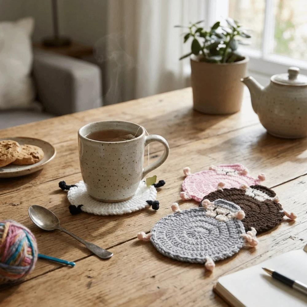 Cute Crochet Lamb Coasters Handmade Yarn Crochet Knitted Animal Coaster Cartoon Table Protection Heat Insulator Pad