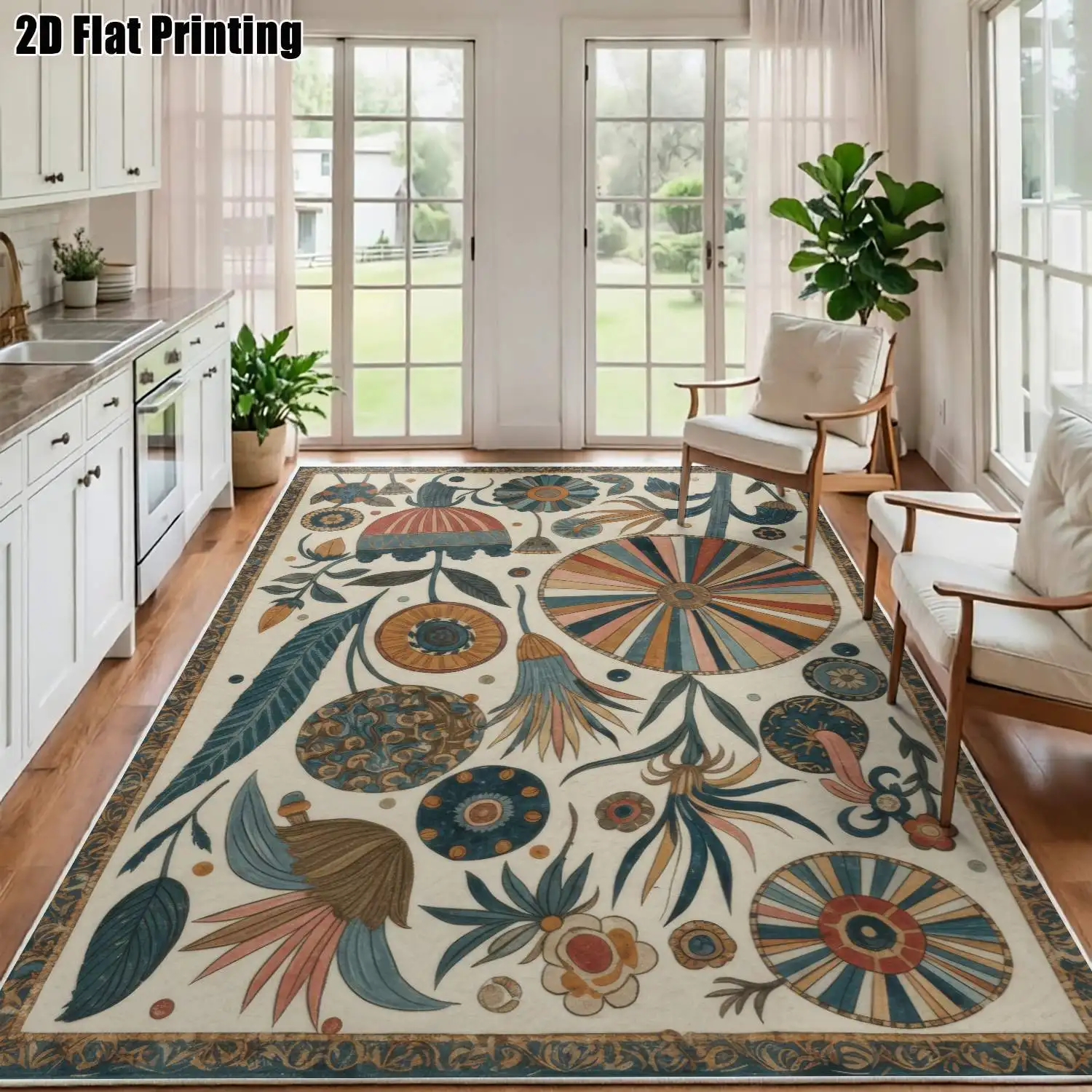 1Pc 2D Printed Velvet Carpet: Retro Colorful Floral & Geometric Patterns, Multiple Style Options, Multiple Sizes, Machine Washable, for Entryway/Dining Room/Bedroom/Living Room Home Decor