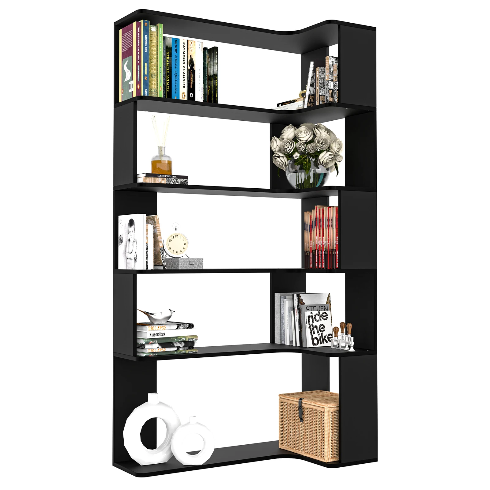 Library L-shaped Storage Shelf, 5-tier Bookcase, Corner Shelf, Large Display