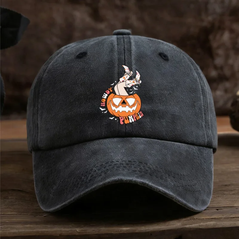 1pc Vintage Washed Baseball Cap Funny Skeleton Leg Jack‑o‑Lantern Graphic Unisex Dad Hat Sun‑Hat For Halloween Fall Daily Outfit