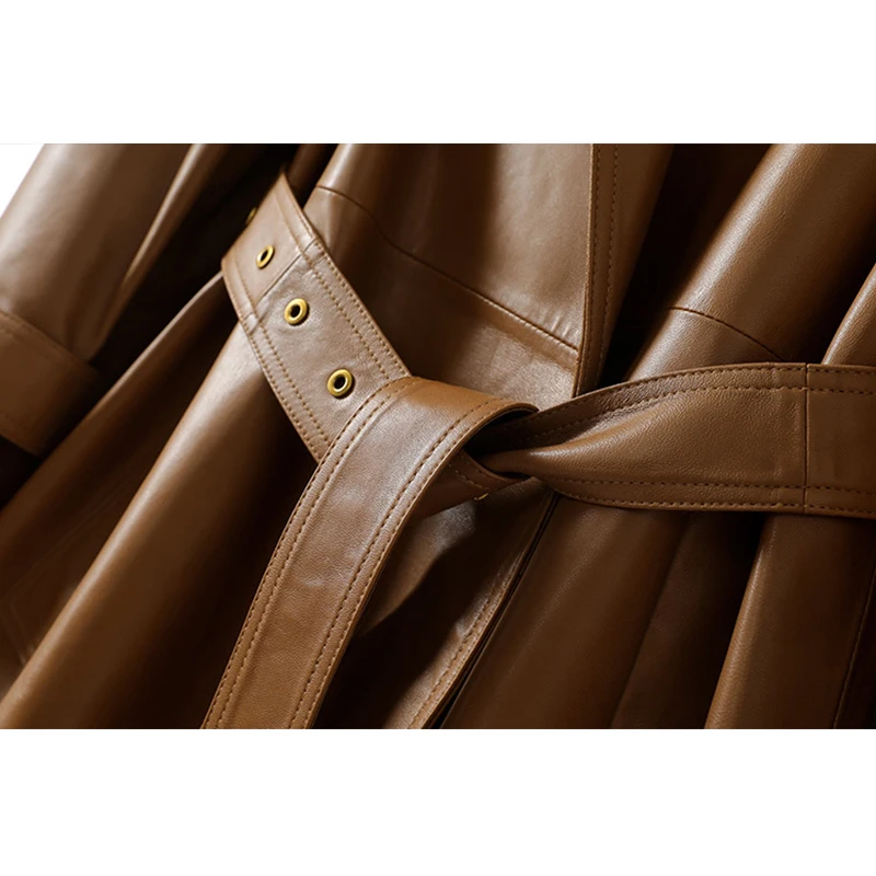 Stilvoller Damen-Trenchcoat aus gewachstem Schaffell aus echtem Leder, 2025, Herbstbraun, Raglanärmel, weiblich, langer Trenchcoat mit Schnürung