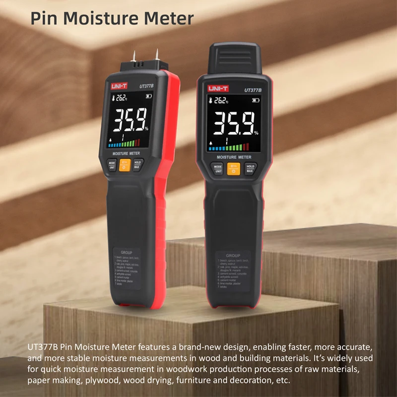 UNI-T UT377B Digital Wood Moisture Meter Wall Moisture Content Tester Timber Hygrometer for Woodworking Furniture Construction