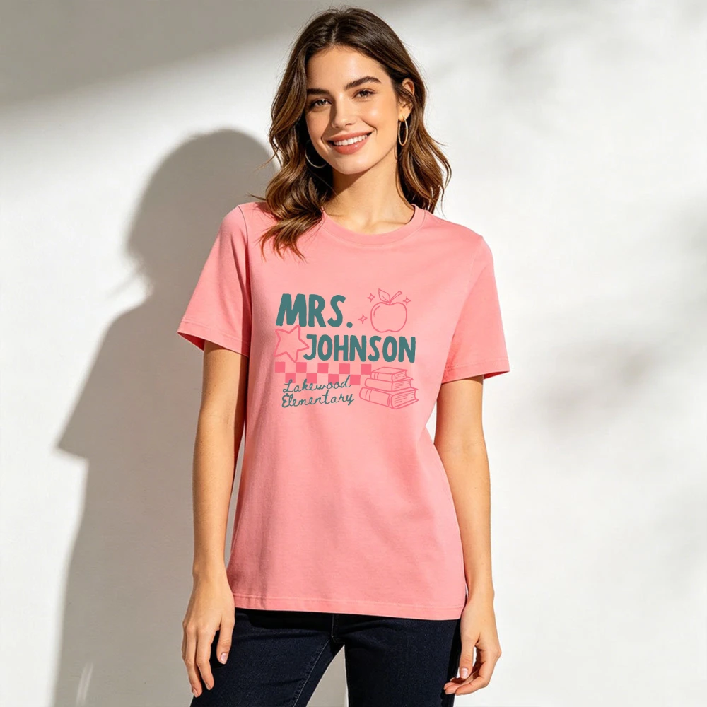 Elementary Teacher Apple Book Star Checkerboard Women Cotton T Shirt Educator Cute Graphic Campus Casual Holiday Travel Top