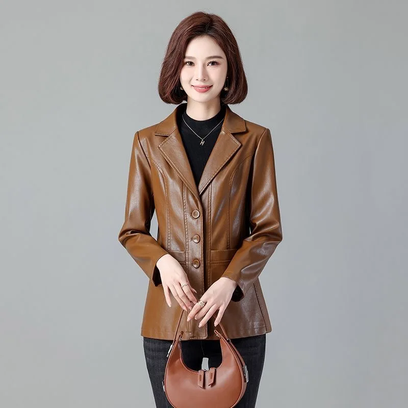 New Women Leather Jacket Spring Autumn Fashion Suit Collar Single Breasted Slim Blazer Solid Leather Long Sleeve Coat