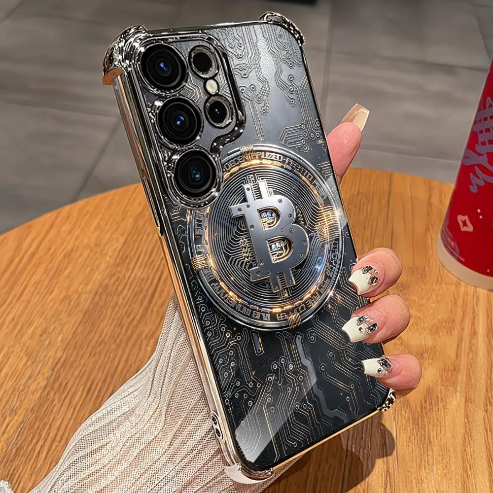 Silver Bitcoin pattern Electroplated Soft shell phone case for Samsung Galaxy S26 S25 S24 S23 S22 FE,Ultra,Plus Drop resistant