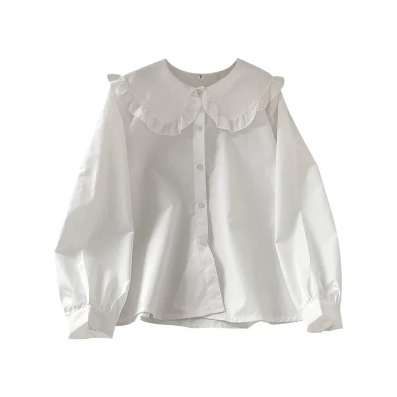 تنوعا طويلة الأكمام قميص أبيض المرأة أوائل الخريف جديد الفرنسية خمر تصميم فضفاض طبقات قميص الأميرة كم دمية طوق