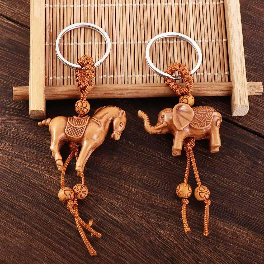 Lucky Wooden Horse Elephant Carving Pendant Keychain for Women Men Car Bag Keyring Jewelry Gift