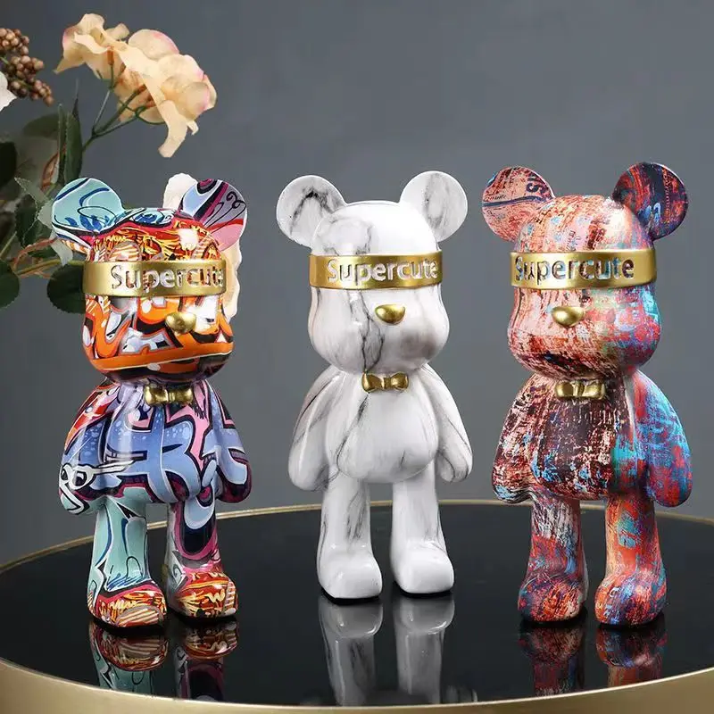 22cm/8 Inch Graffiti Bear Figurine Home Decoration Animal Statue Storage Shelf Modern Room Study Abstract Table Decor Ornament