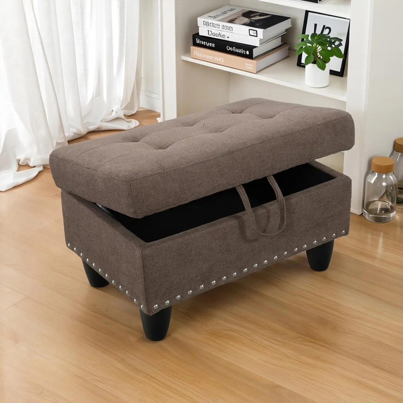 28.5 Inch Large Square Storage Ottoman with Thick Cushion, Retro Rivet Footstool Bench and Coffee Table, Brown Flannel Upholstered Ottoman for Entryway, Living Room, Bedroom, RV, Home Decor